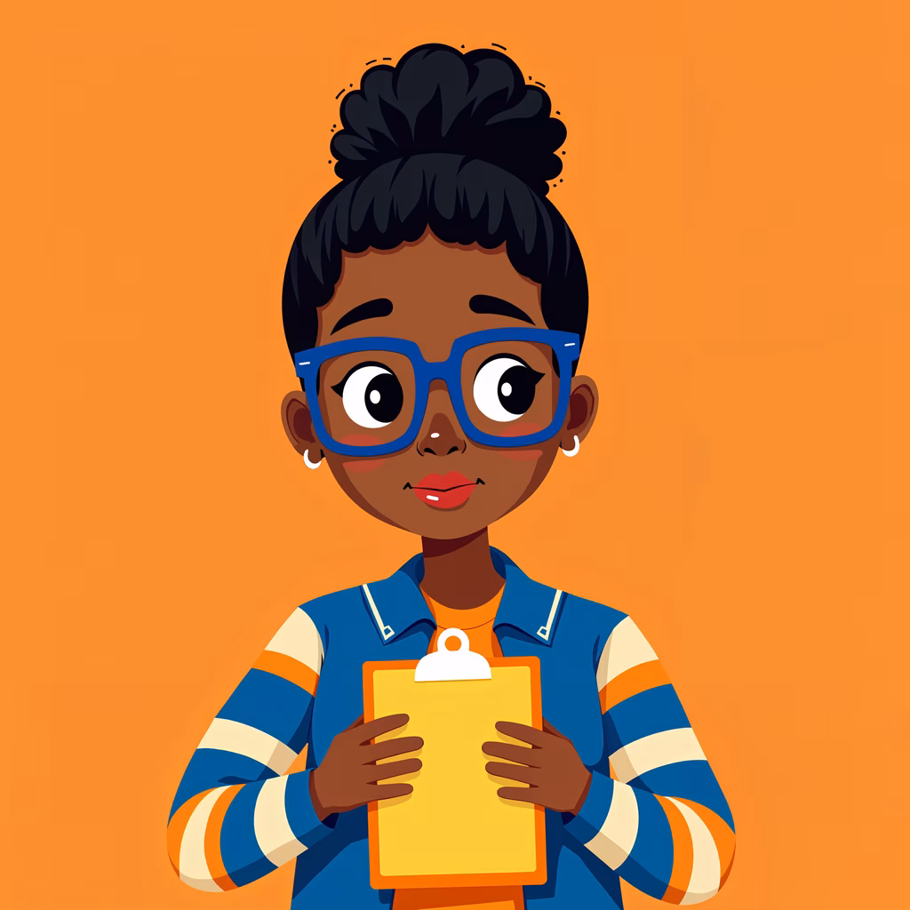 Brightly illustrated girl holding a clipboard, wearing glasses and a striped jacket, set against an orange background.