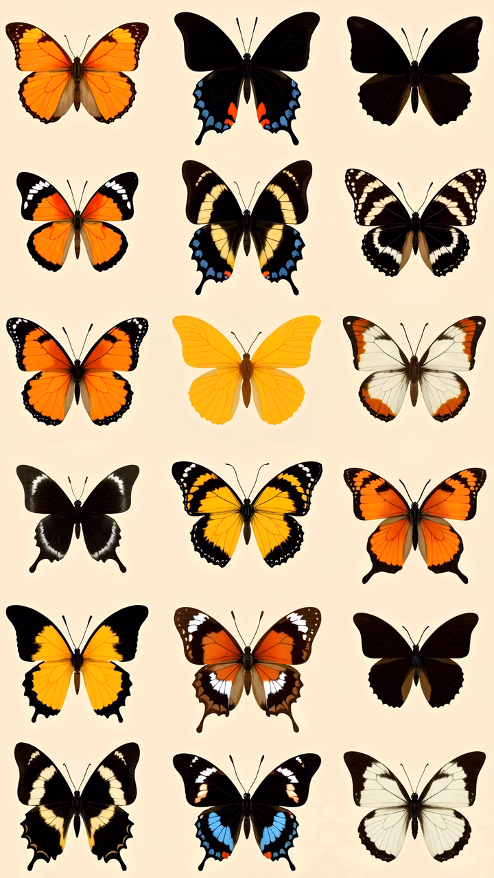 A colorful butterfly illustration featuring various species and patterns.