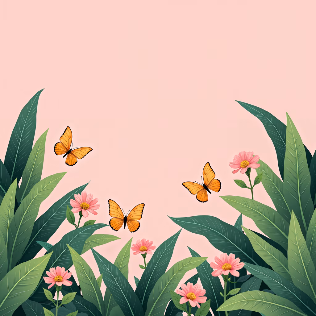 Vibrant butterflies and pink flowers in a tranquil garden setting.