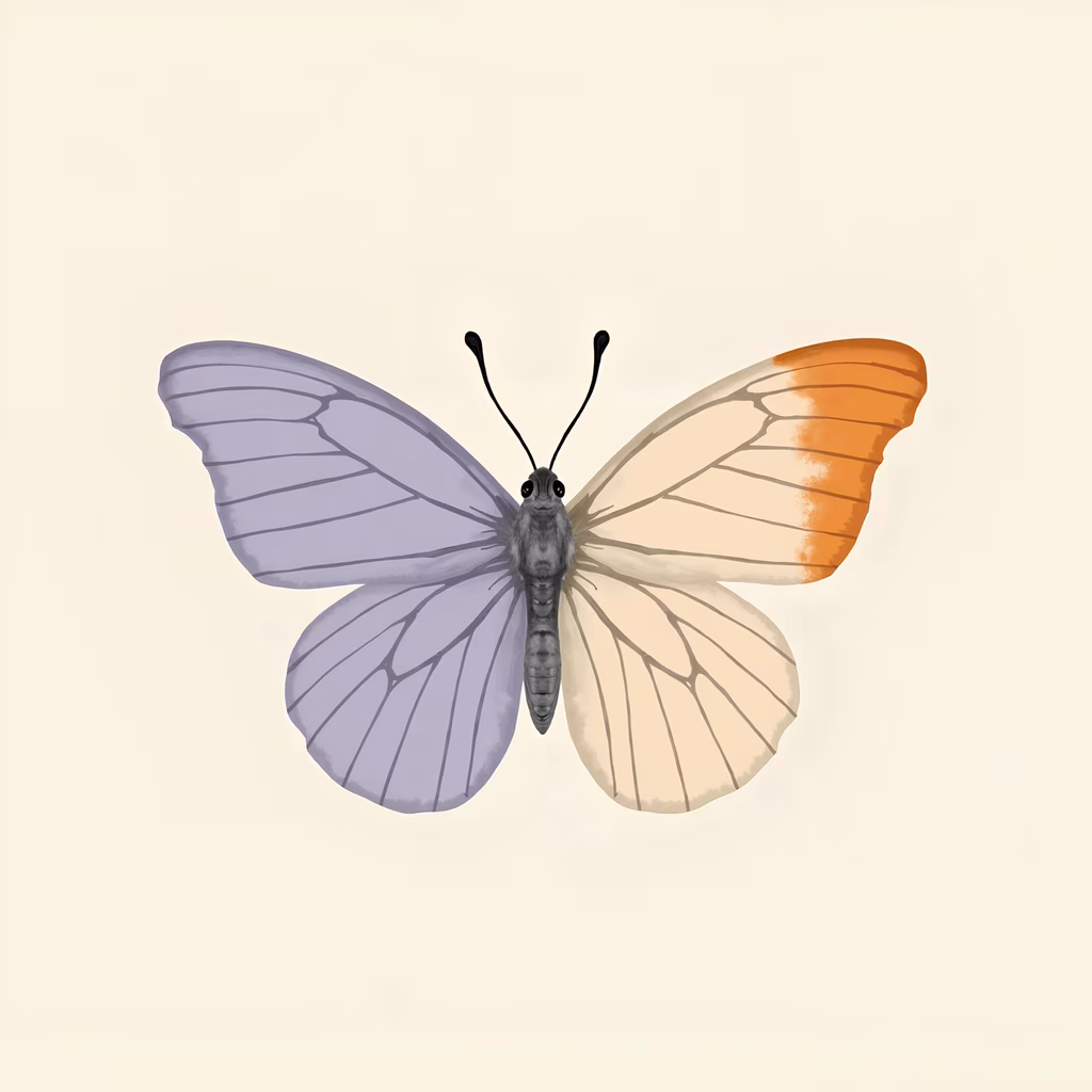 Delicate butterfly illustration with vibrant purple and orange wings on a neutral background.