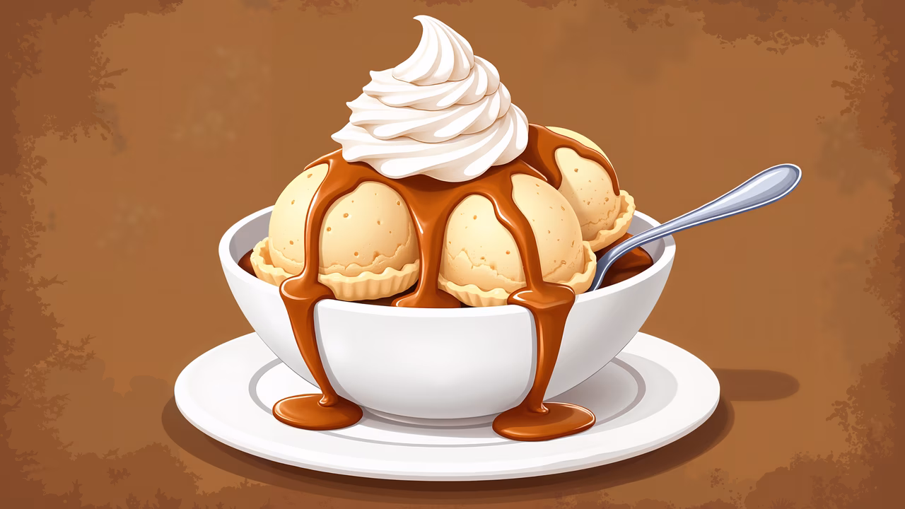 A delicious caramel ice cream sundae with whipped cream and caramel sauce.