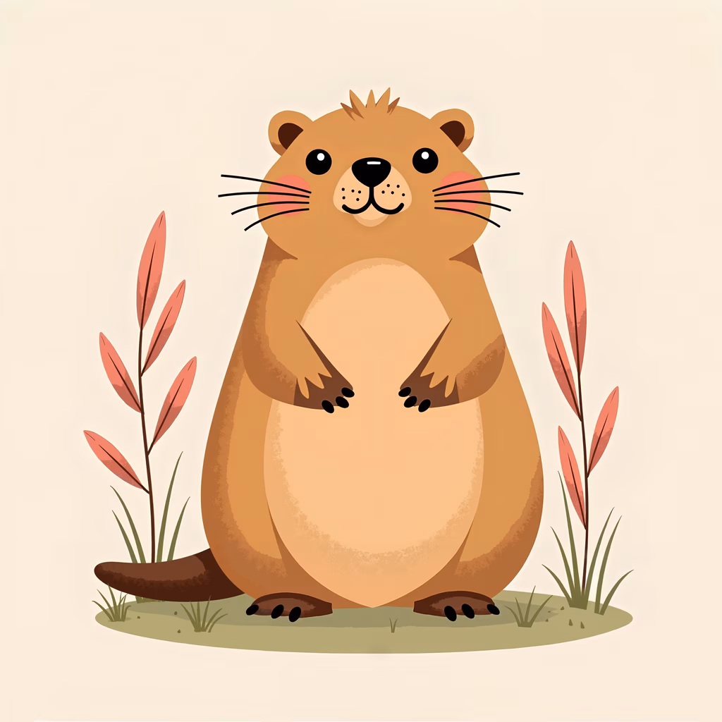 A friendly cartoon beaver surrounded by nature in soft pastels.