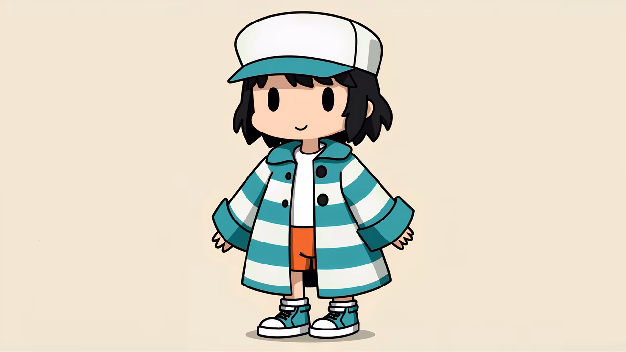 A cute cartoon character in a striped coat, perfect for children's art and fashion themes.