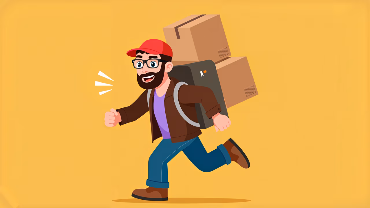 Cartoon delivery guy running with boxes, vibrant yellow background.