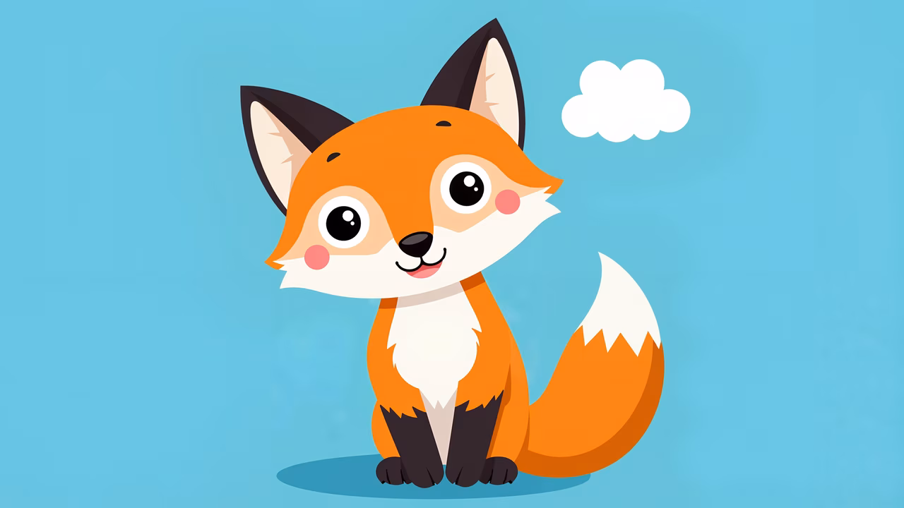 A joyful cartoon fox with big eyes and a fluffy tail, perfect for children's art.