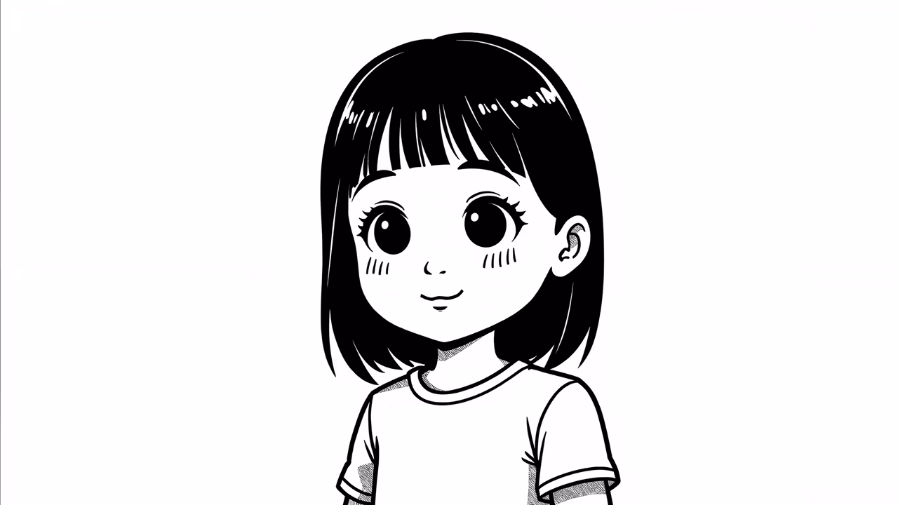 Black-and-white illustration of a smiling girl with large eyes and a bob haircut.