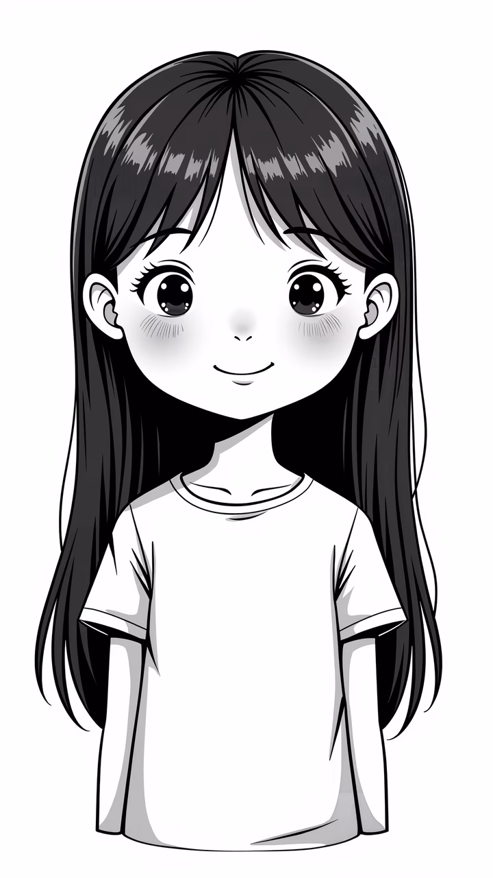 A cute, monochrome illustration of a young girl with a gentle smile.