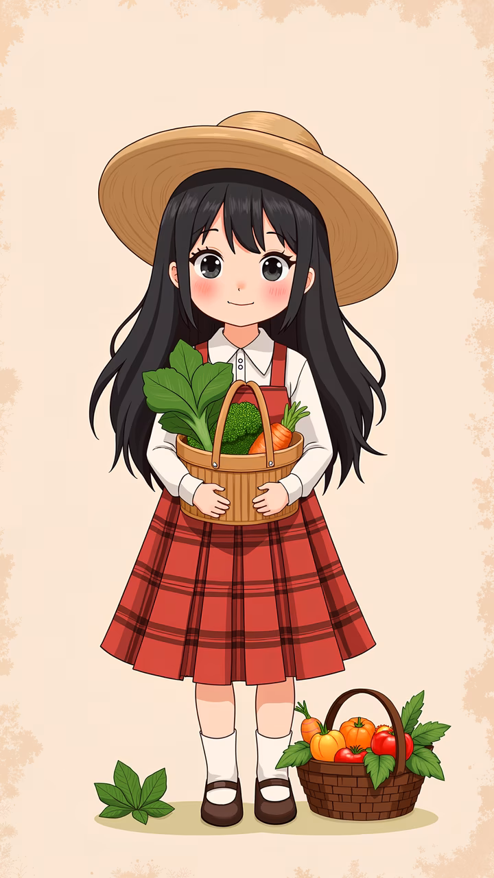 A cute girl holding baskets of vegetables, evoking a sense of freshness and innocence.