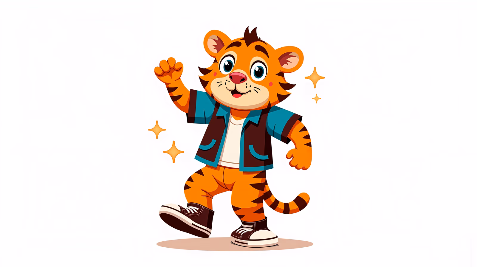 Brightly colored cartoon tiger character in a stylish outfit, perfect for children's art and entertainment.