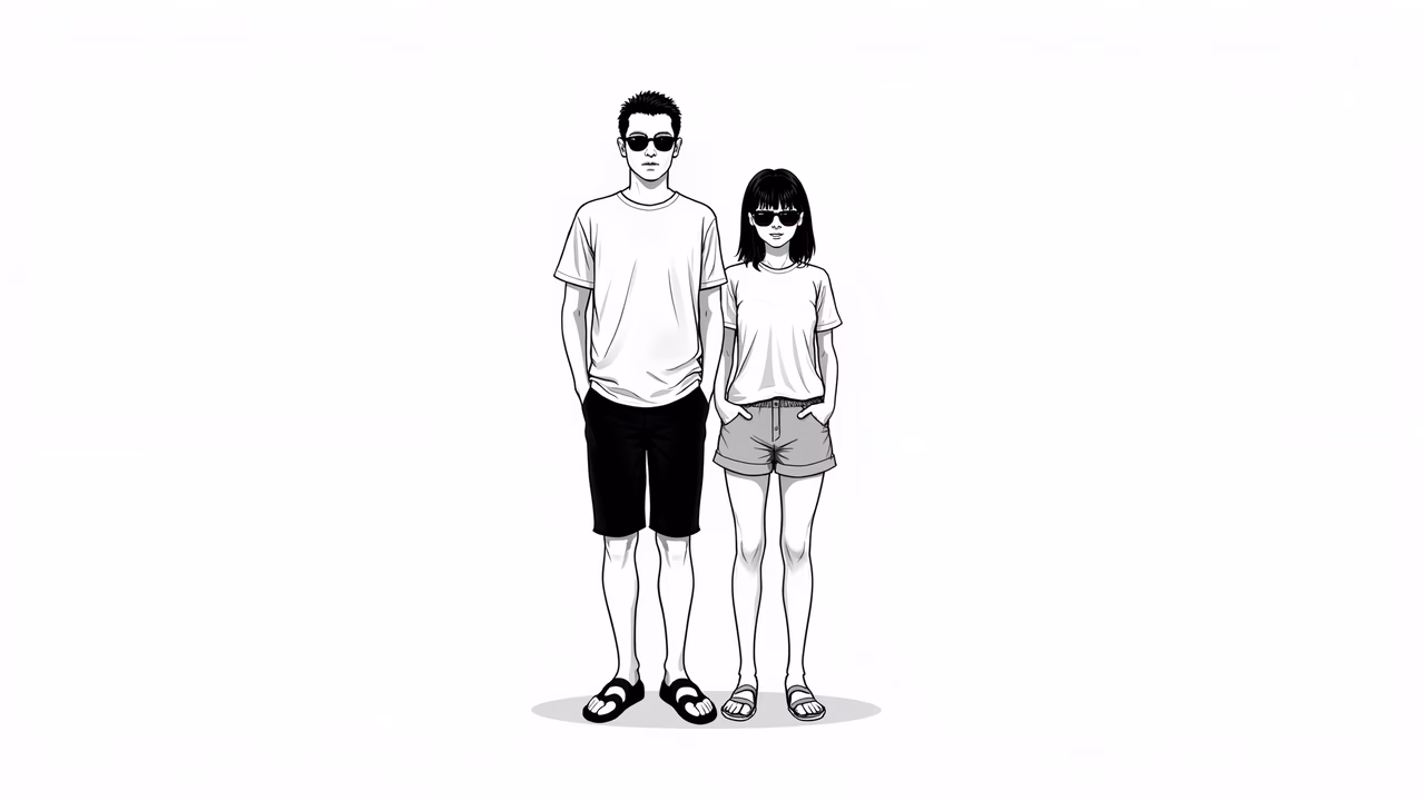 Minimalist black-and-white illustration of a casual summer couple.