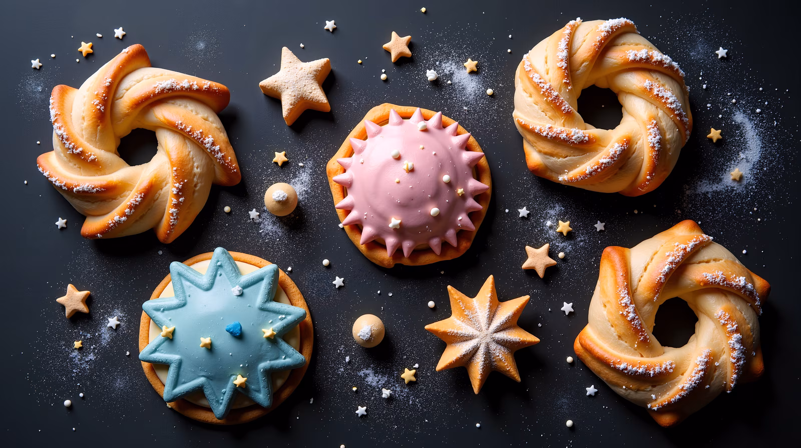 Delightful pastries with vibrant colors and powdered sugar, set against a dark, starry backdrop.