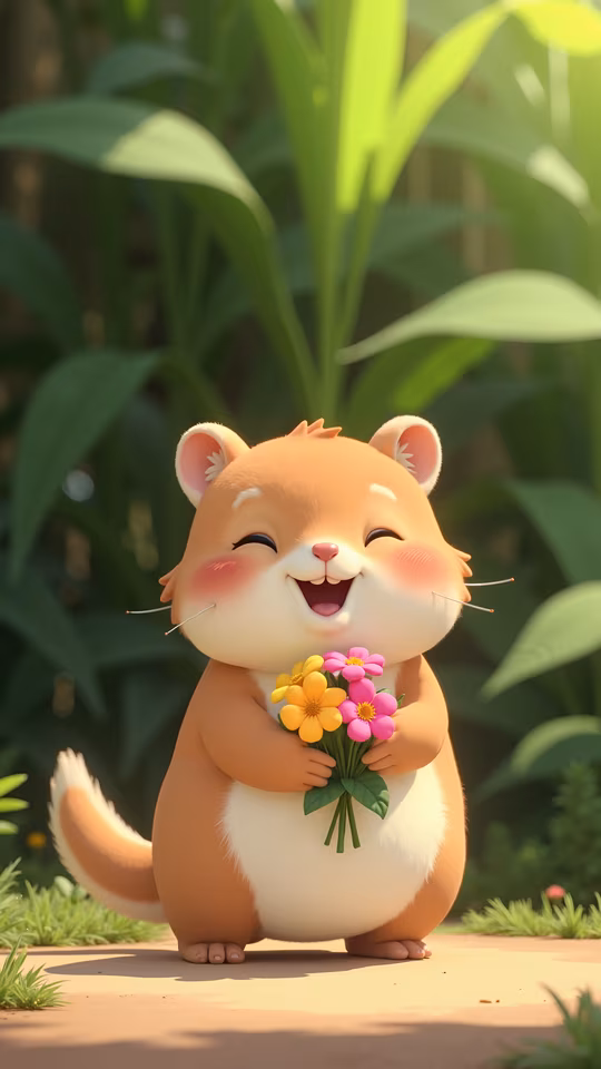 Cheerful Hamster Holding Flowers