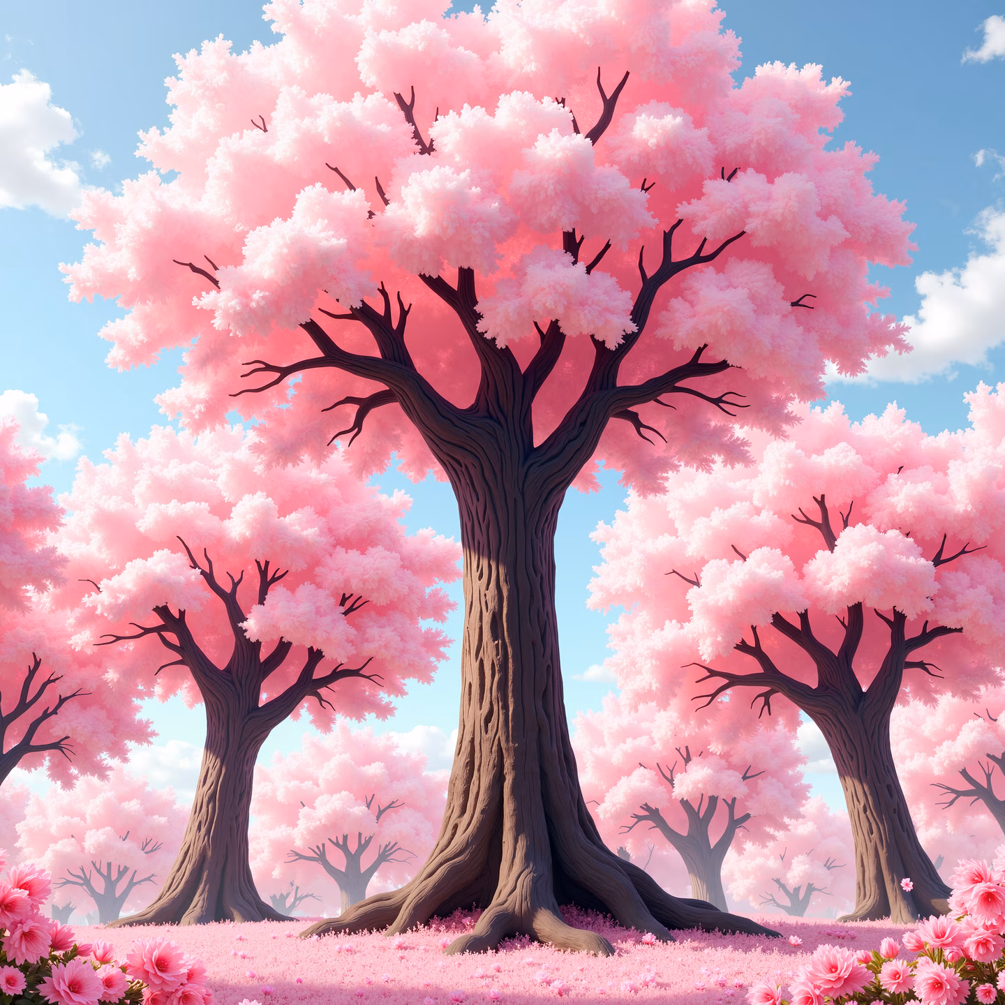 Enchanting cherry blossom scene with soft pink hues and clear blue sky.