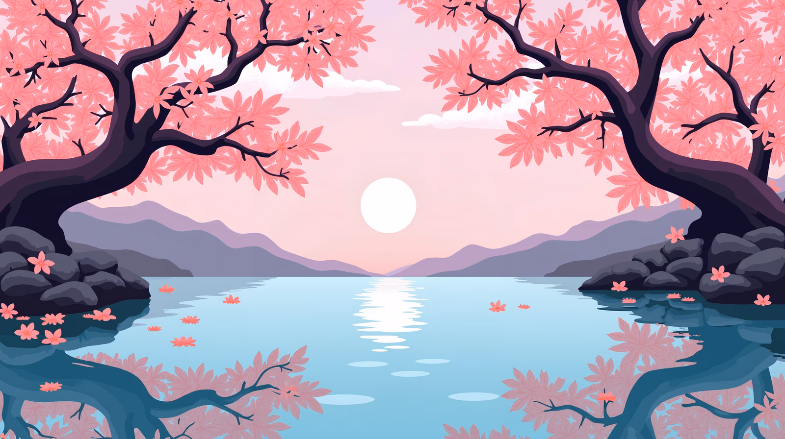 A peaceful landscape with cherry blossoms and a reflective lake under a soft sky.