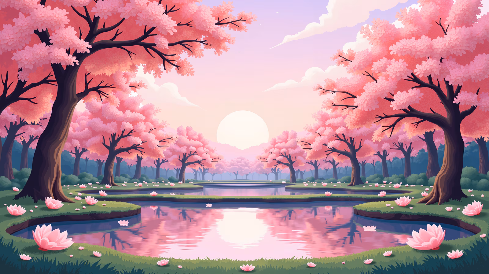 A peaceful landscape with cherry blossoms and a calm pond under a soft sky.