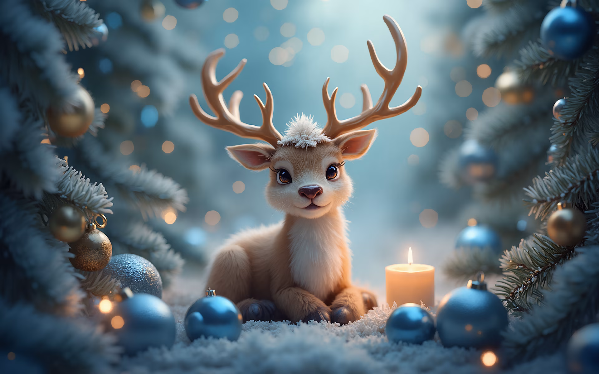 A cute deer surrounded by Christmas ornaments and a glowing candle, evoking warmth and festivity.