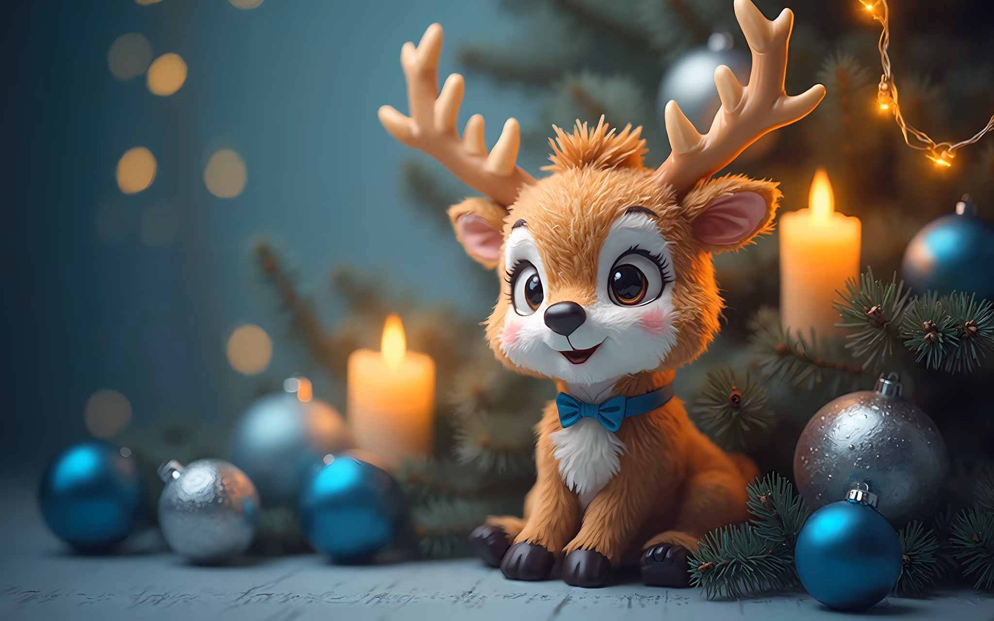 Warm, festive Christmas illustration featuring a deer surrounded by ornaments and candles.