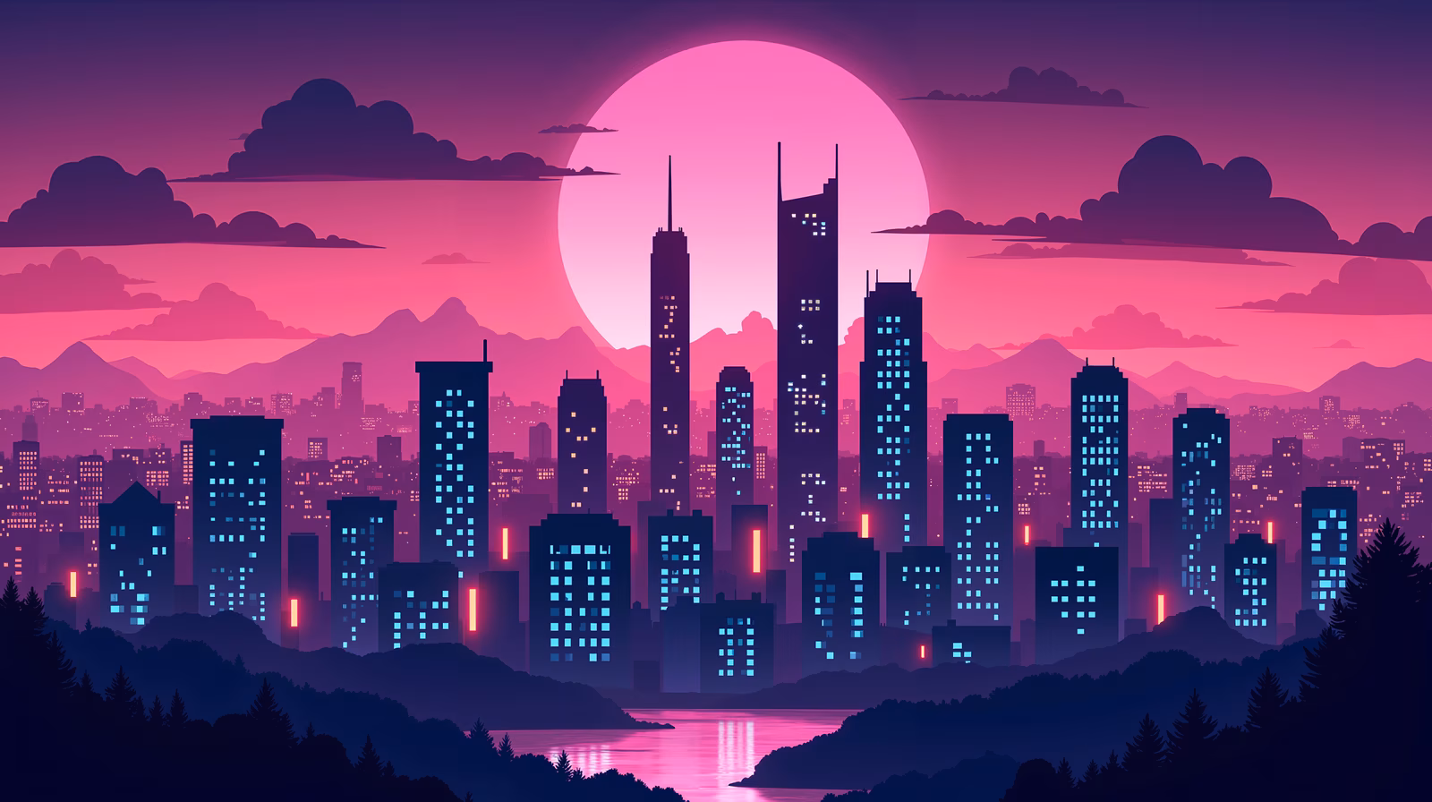 A city skyline at dusk, illuminated by a glowing pink moon and vibrant lights.