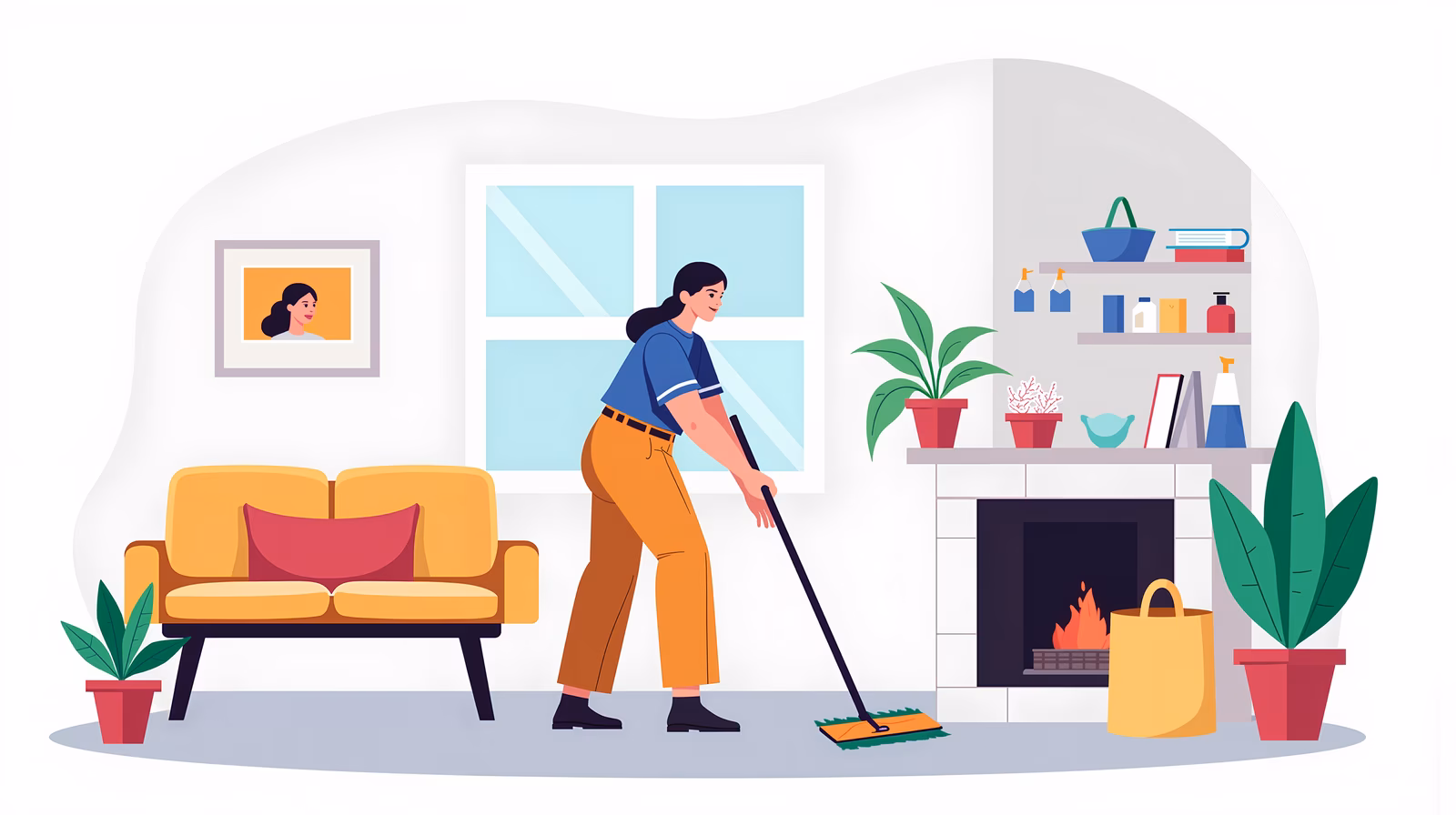 Woman mopping in a cozy, plant-filled living room with a fireplace and yellow sofa.