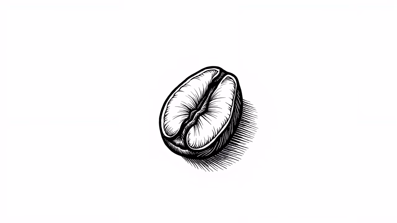 Detailed black-and-white illustration of a coffee bean, emphasizing texture and form.