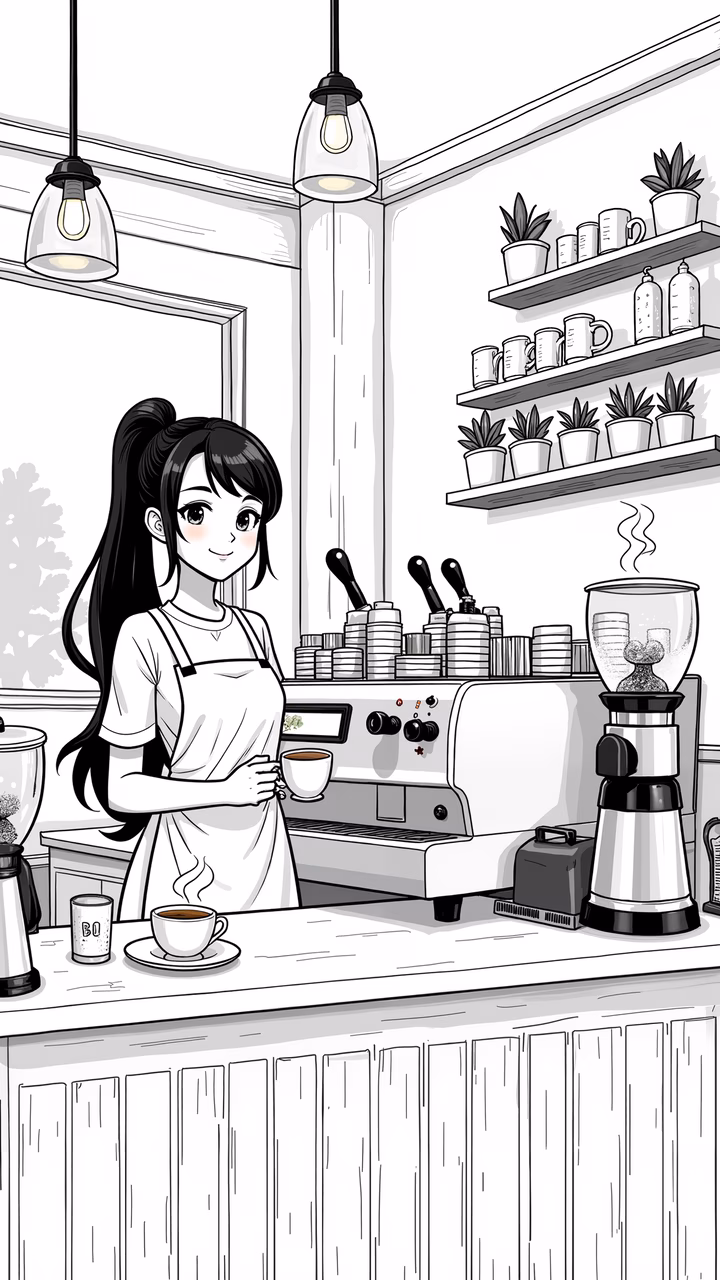 A charming black-and-white illustration of a coffee shop worker serving a steaming cup of coffee.