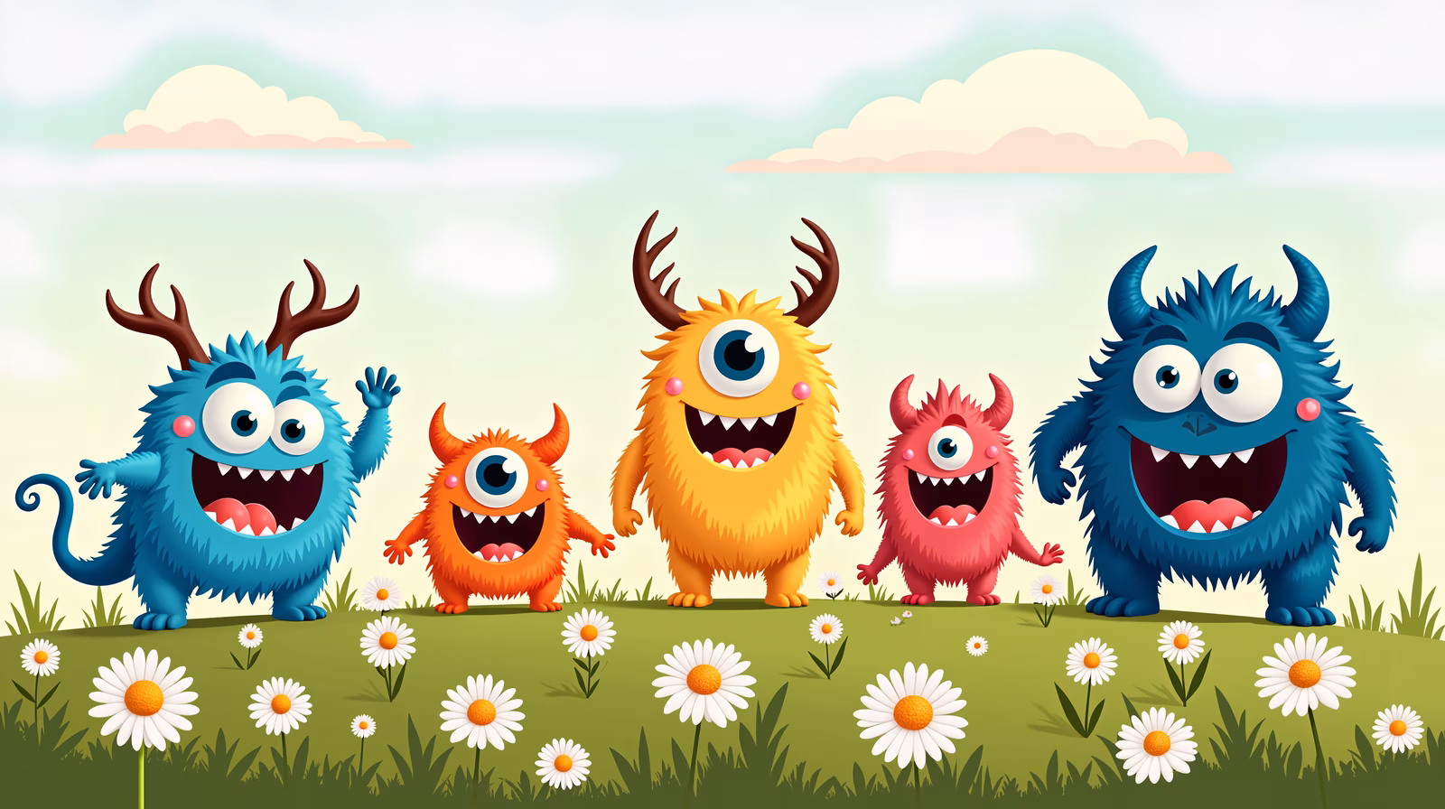 Brightly colored cartoon monsters enjoying a sunny day in a meadow.