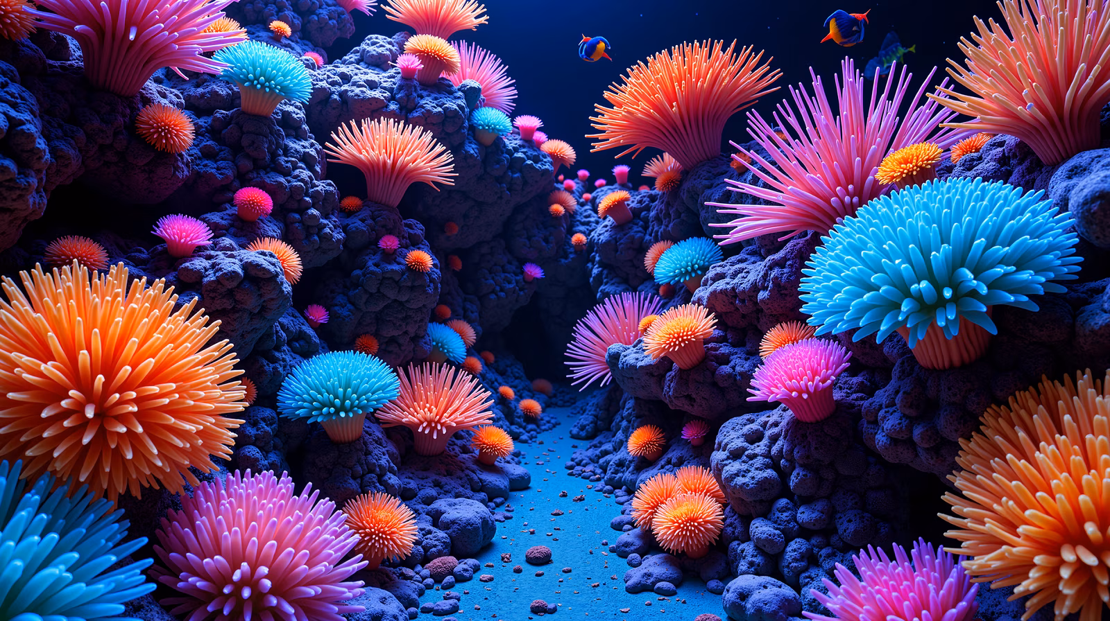 Vibrant coral reef illustration featuring diverse colors and lively marine life.