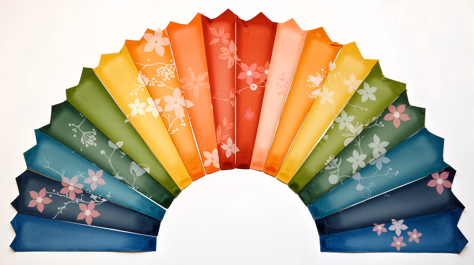 Vibrant floral designs on colorful fans in a fan-like arrangement.