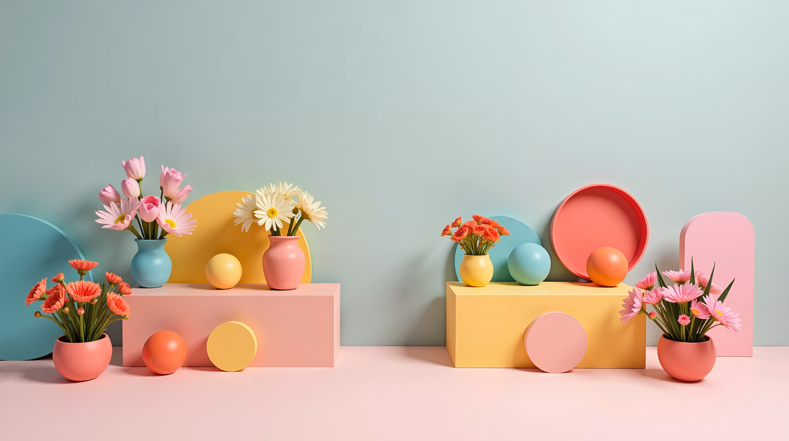 Vibrant floral arrangements on pastel podiums, showcasing modern and playful design.