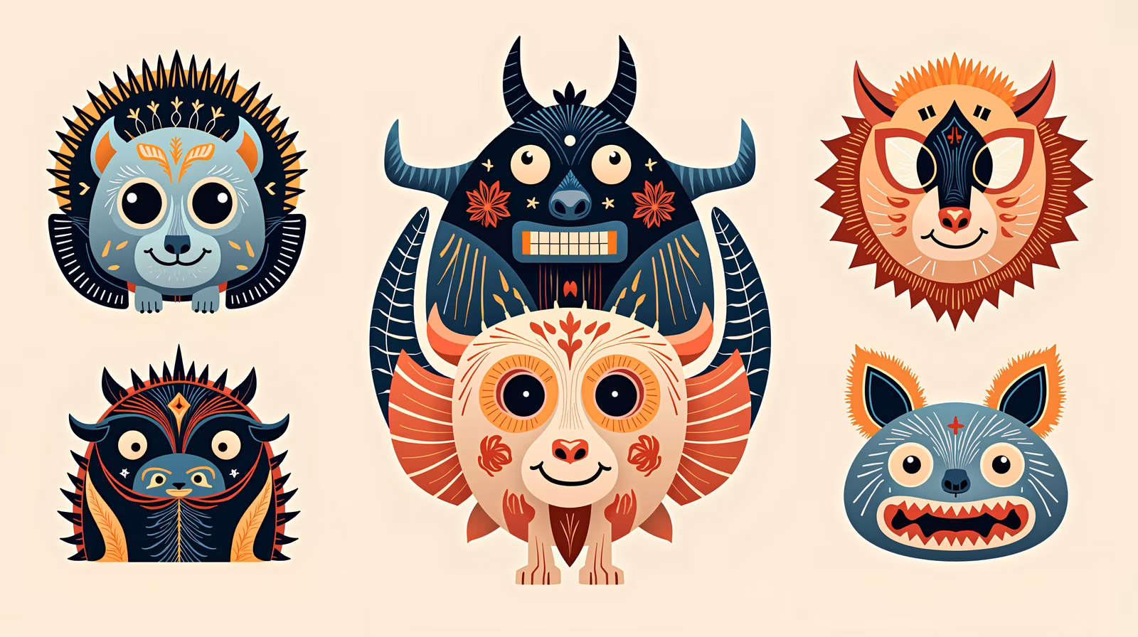 Whimsical folklore creatures with intricate patterns and bold colors.