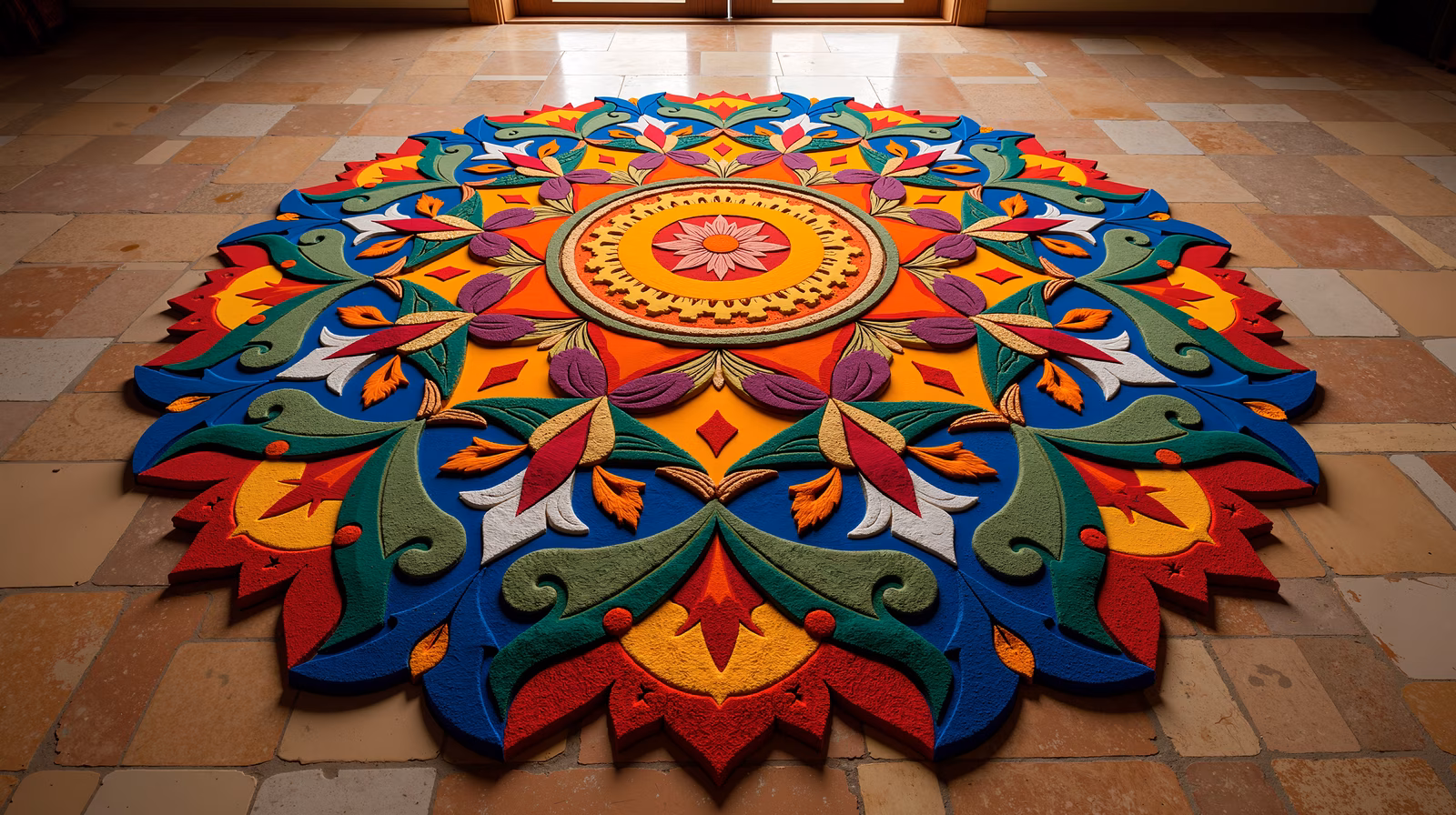 Vibrant and intricate mandala art with bold primary colors and symmetrical design.