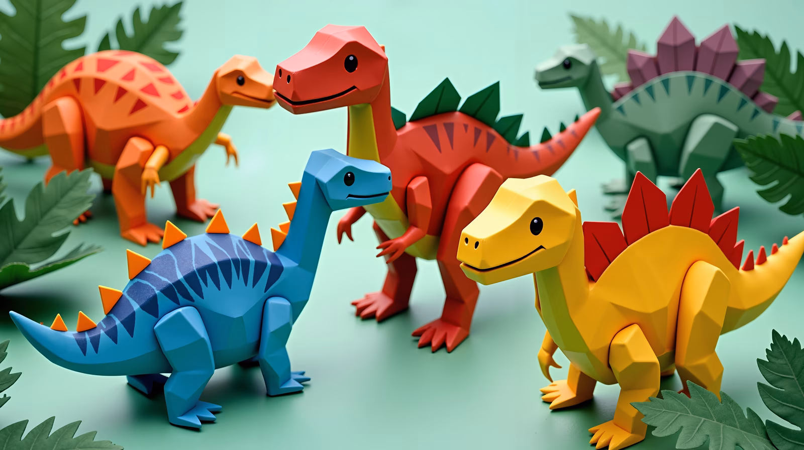 Brightly colored paper dinosaurs in a playful, low-poly style.