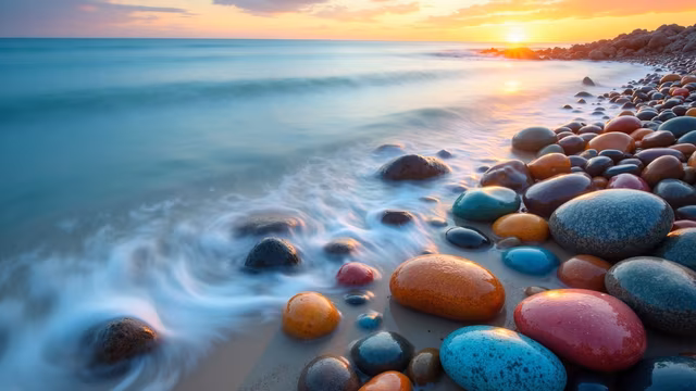 Colorful Pebbles at Sunset
