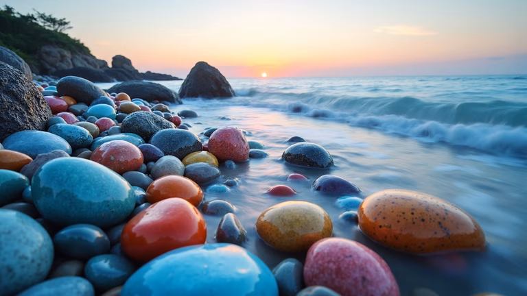 Vibrant pebbles on a peaceful beach at sunset.