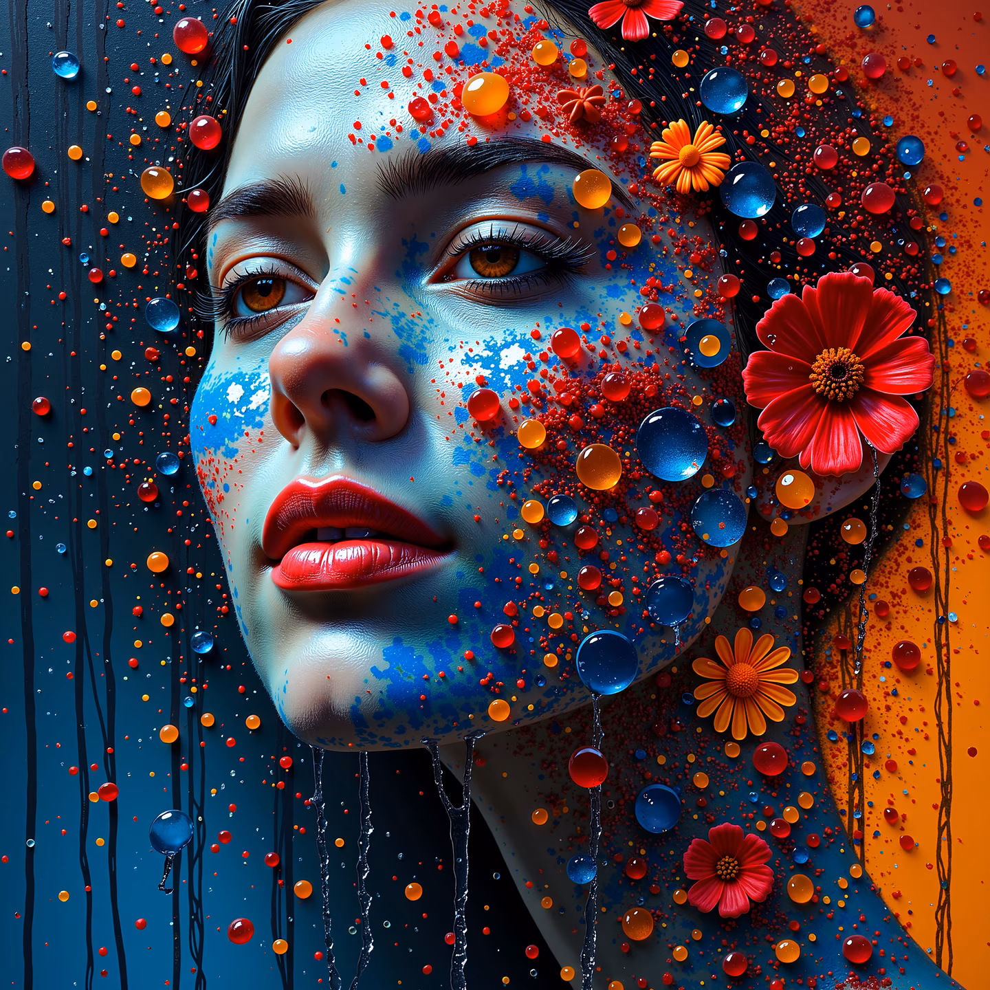 Vibrant portrait with colorful paint splashes and flowers, artistic and surreal.