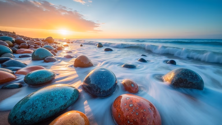 Vibrant stones and smooth waves at sunset, nature photography
