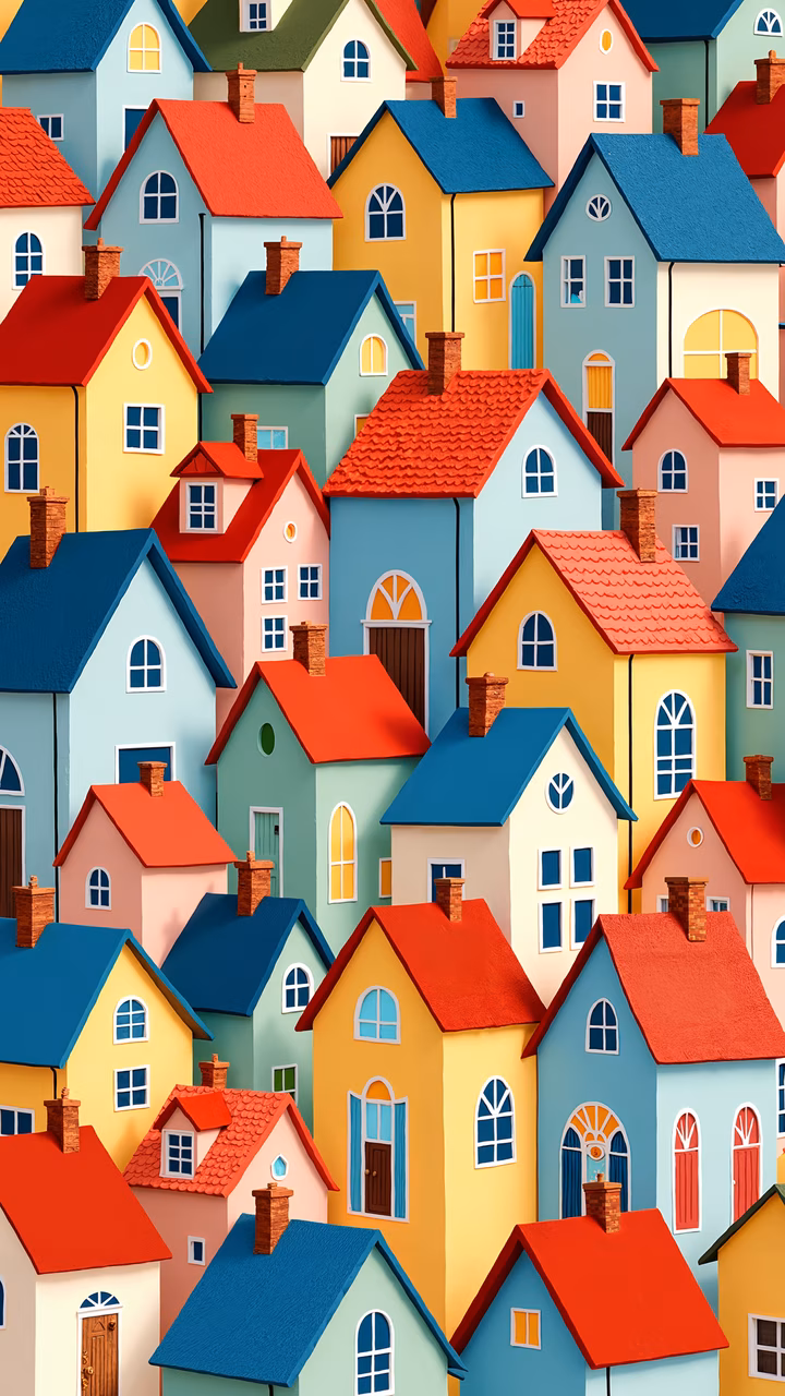 A delightful illustration of a colorful village with whimsical houses.