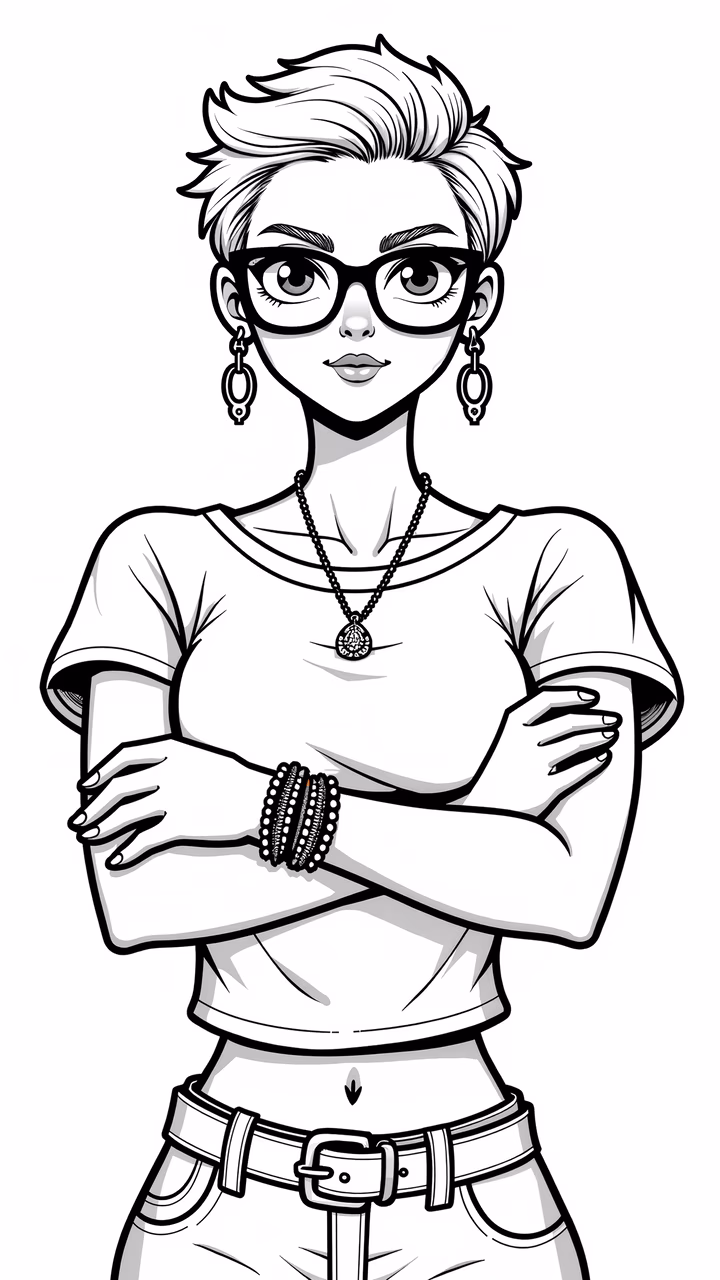 Confident young woman with glasses and accessories, exuding self-assurance.
