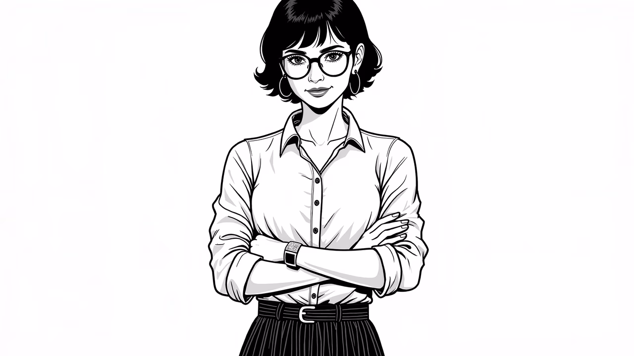 A strong, stylish woman with a confident stance, wearing a white shirt and black skirt.