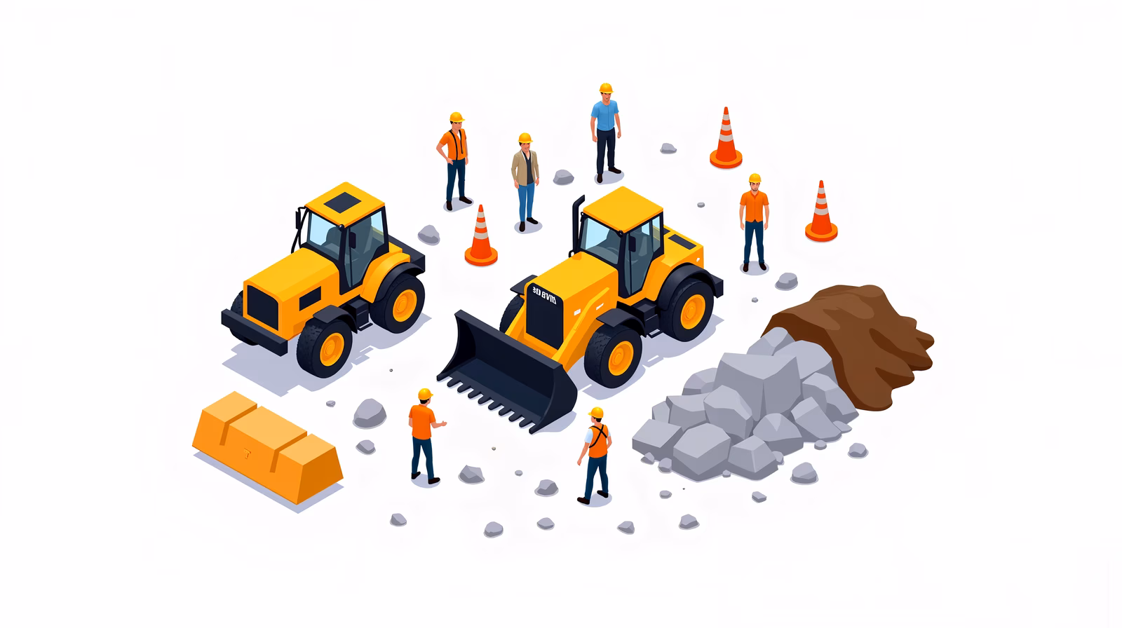 Vibrant construction site illustration featuring bulldozers and workers.