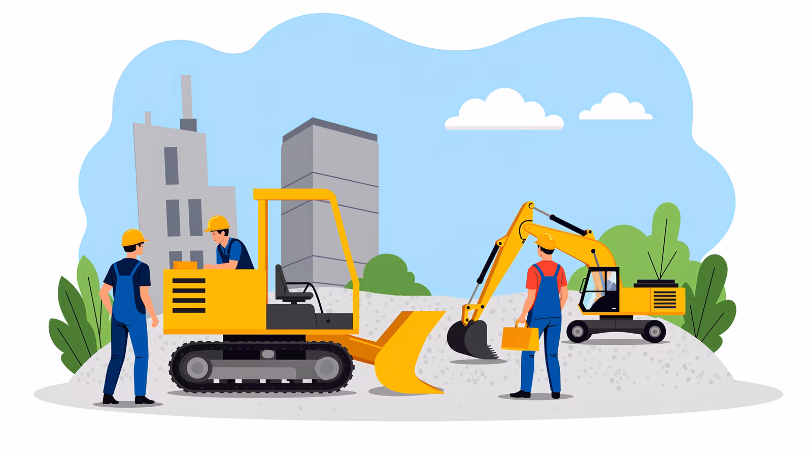 Dynamic construction site illustration featuring workers and machinery.