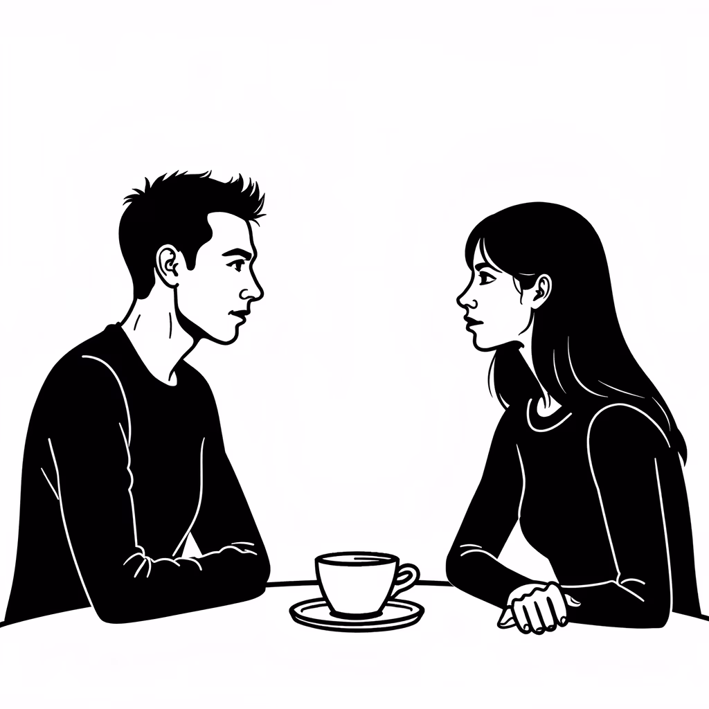 Two people conversing over coffee in a minimalist illustration.