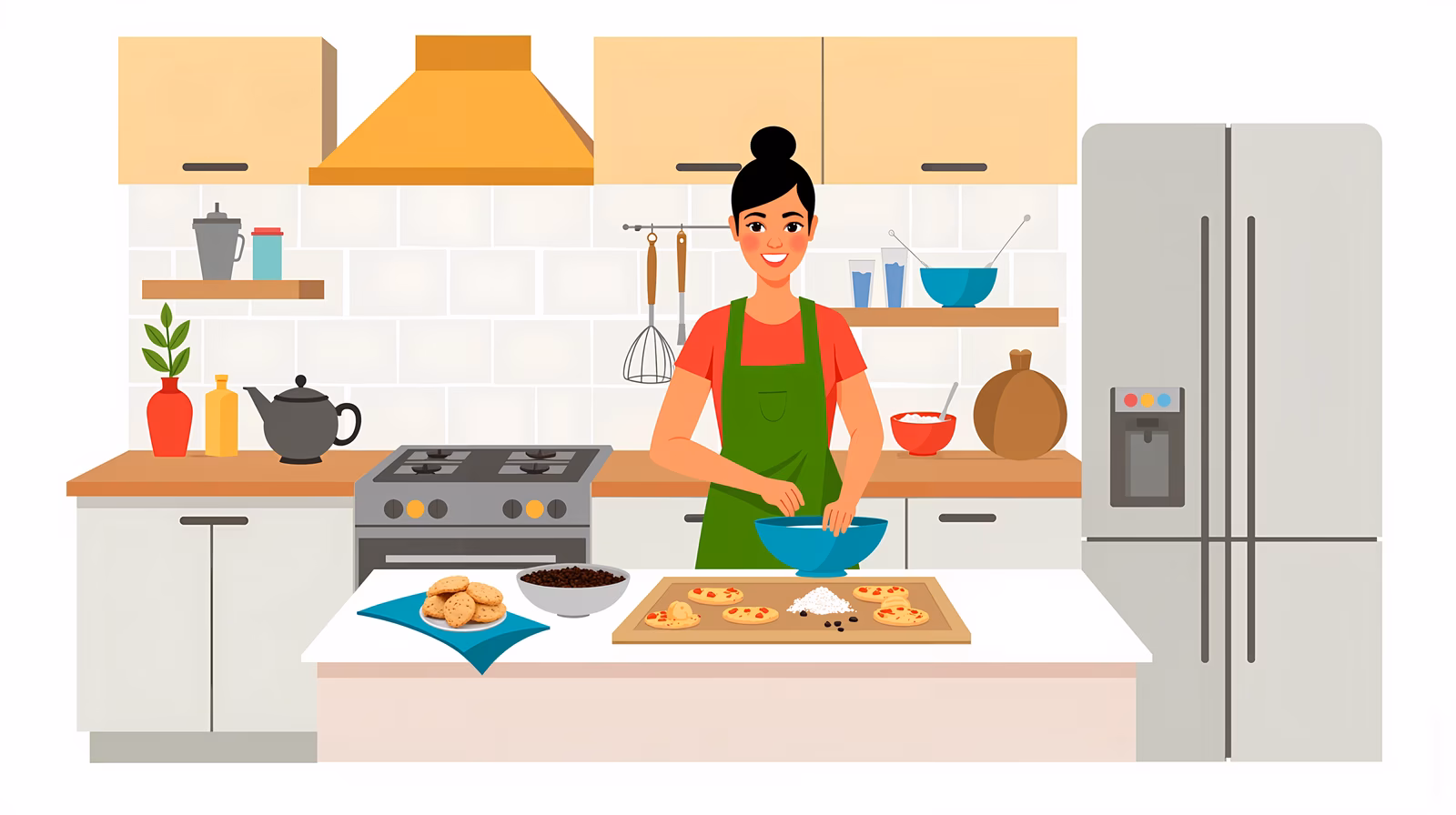 A joyful cooking moment in a modern kitchen setting.