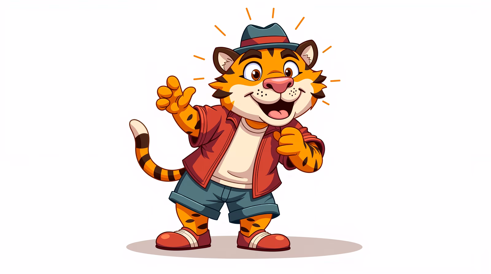 A cool and cheerful cartoon tiger character dressed in a stylish outfit.
