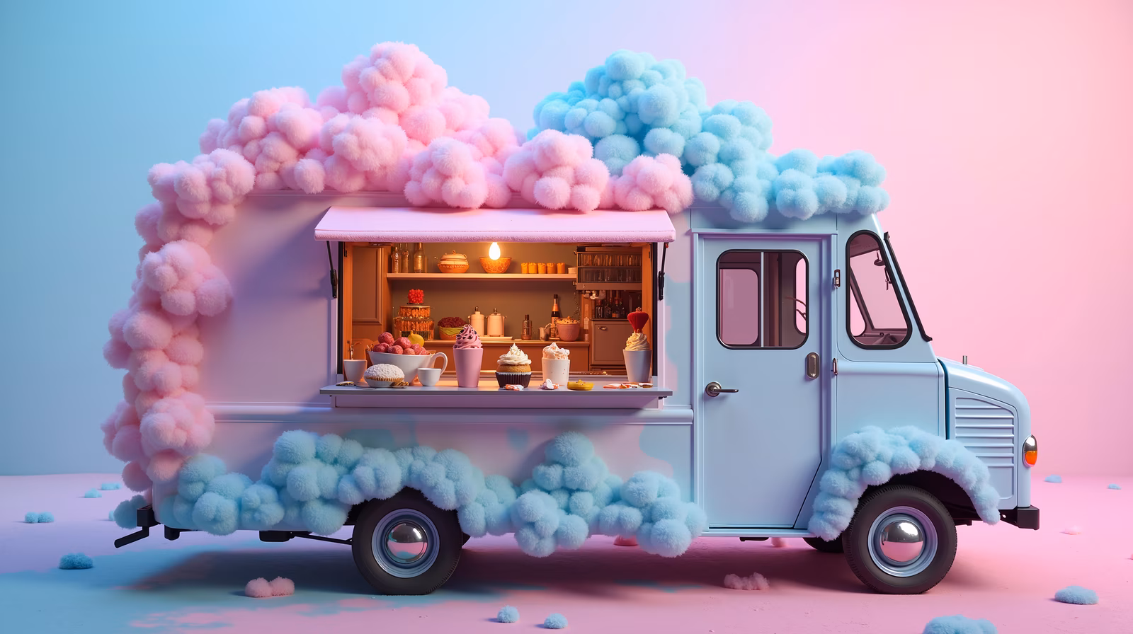 Pastel cotton candy food truck with a sweet, nostalgic vibe.