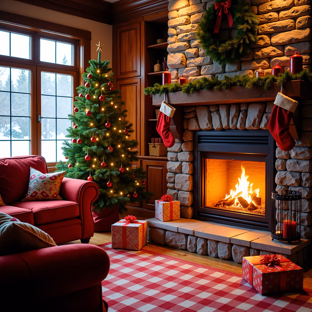 Warm Christmas interior with red and white decor, cozy fireplace, and twinkling lights.