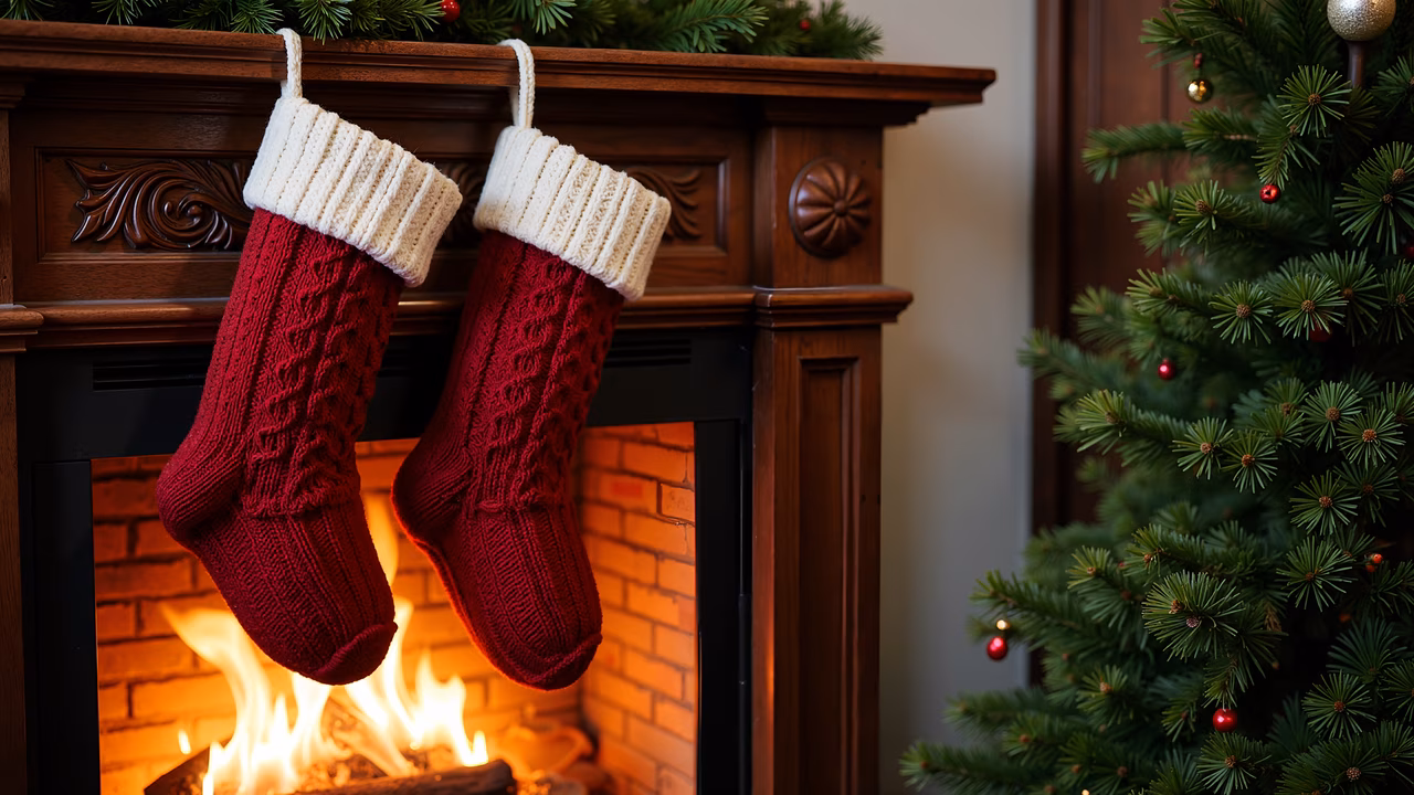 Warm stockings by a cozy fireplace, perfect for the holiday season.