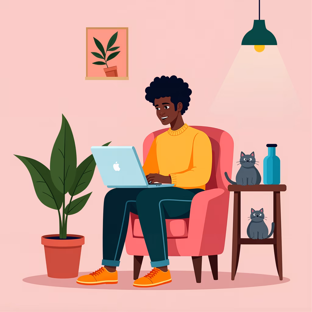 A cozy home office scene with a person working on a laptop, surrounded by plants and cats.