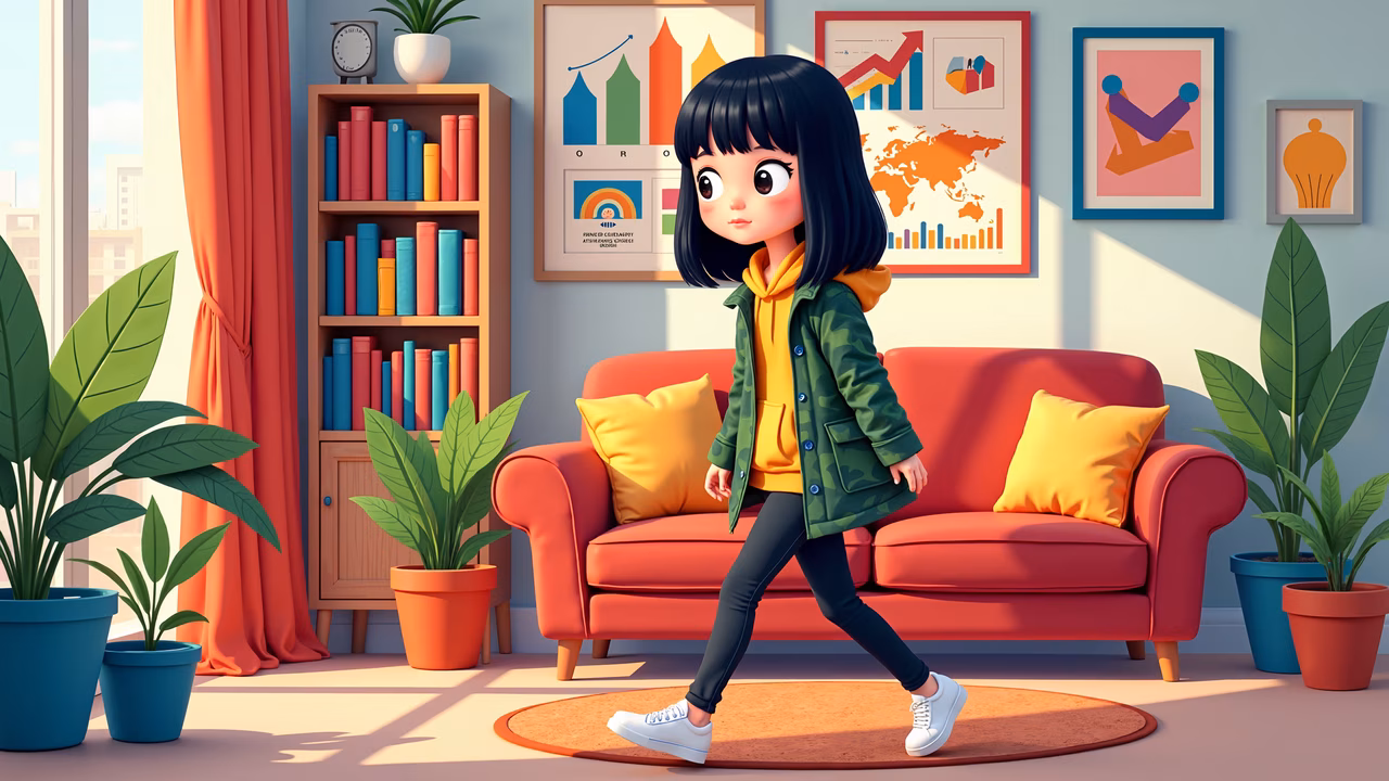 A cheerful living room scene featuring a young girl, colorful furniture, and educational decor.
