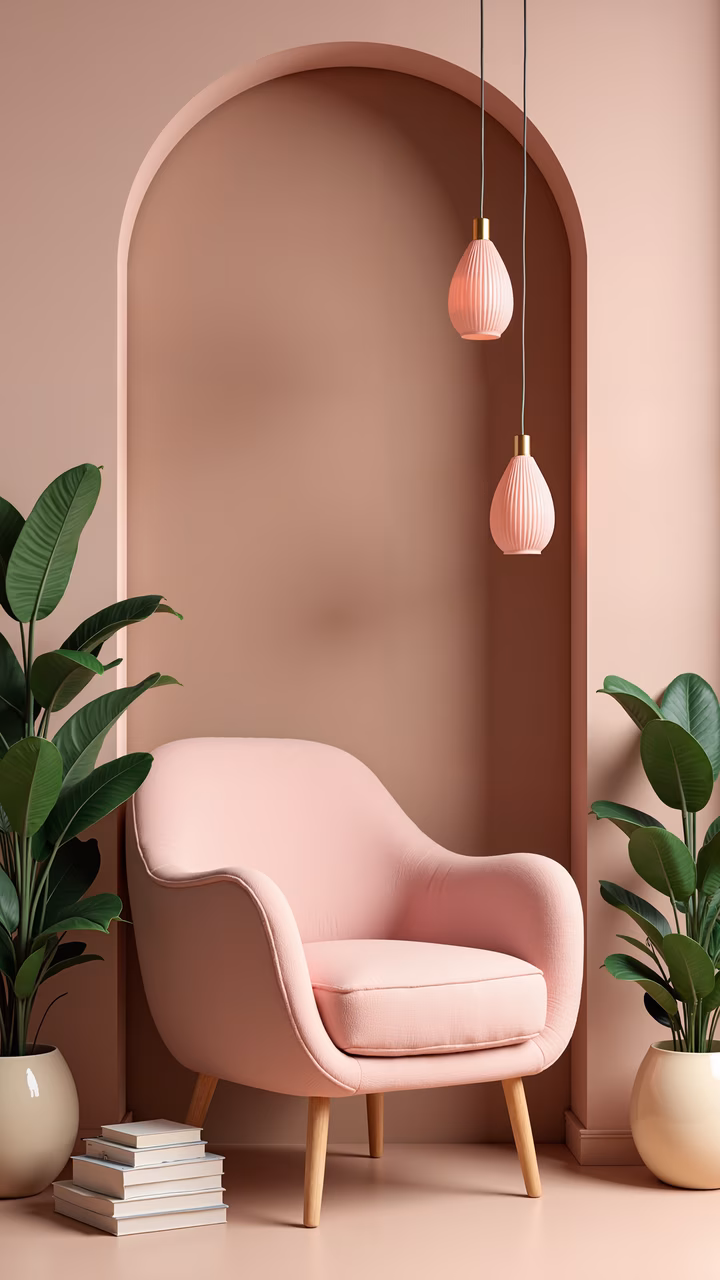 A cozy pink armchair in a minimalist interior with soft lighting and greenery.